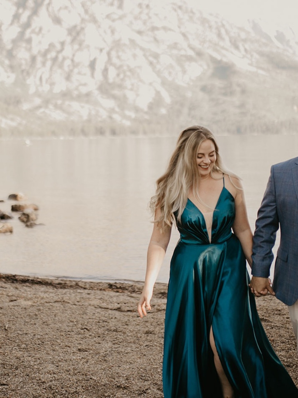 Teal Satin Deep V Evening Gown